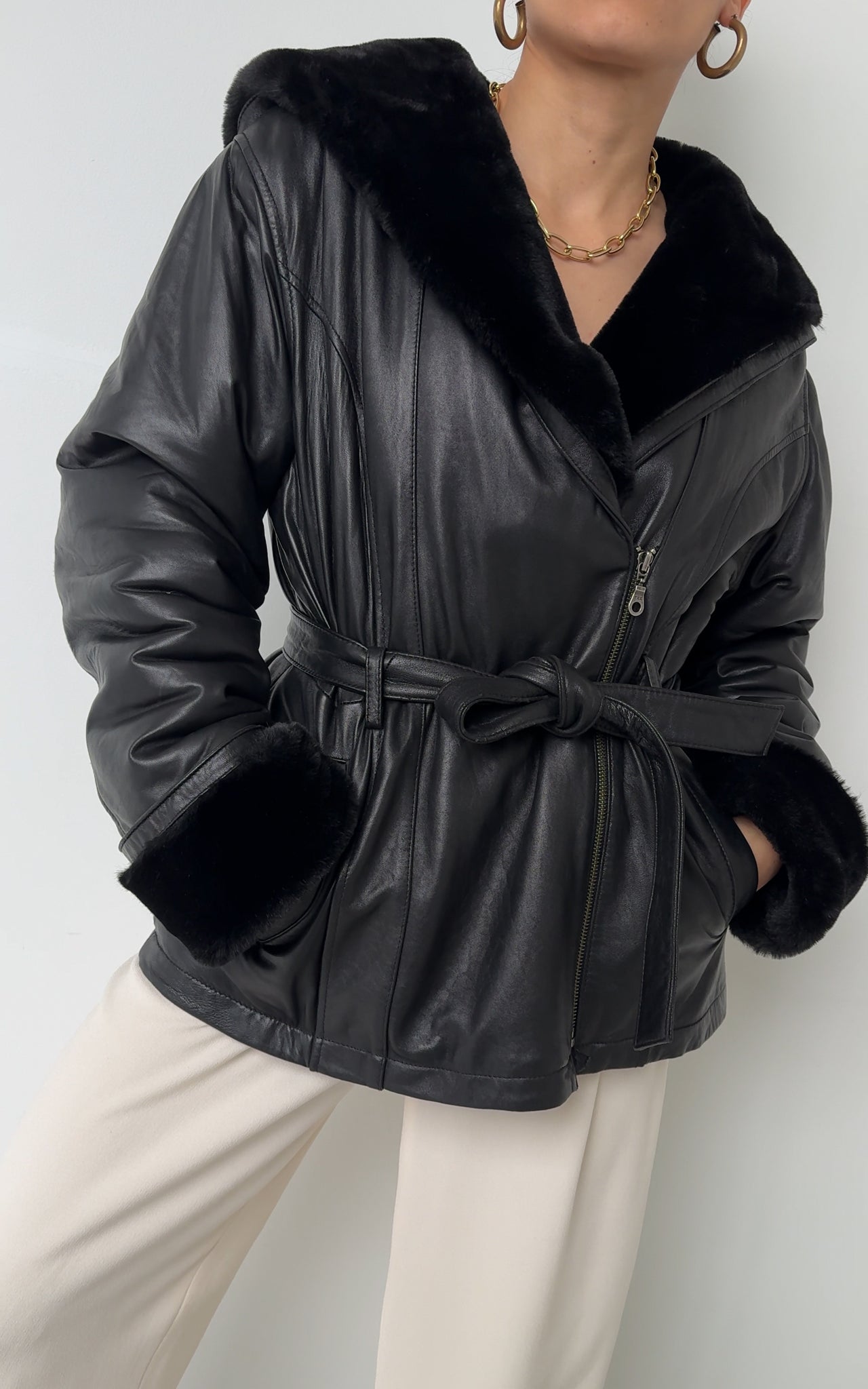 Vintage Obsidienne  Leather and Faux Fur Hooded Jacket