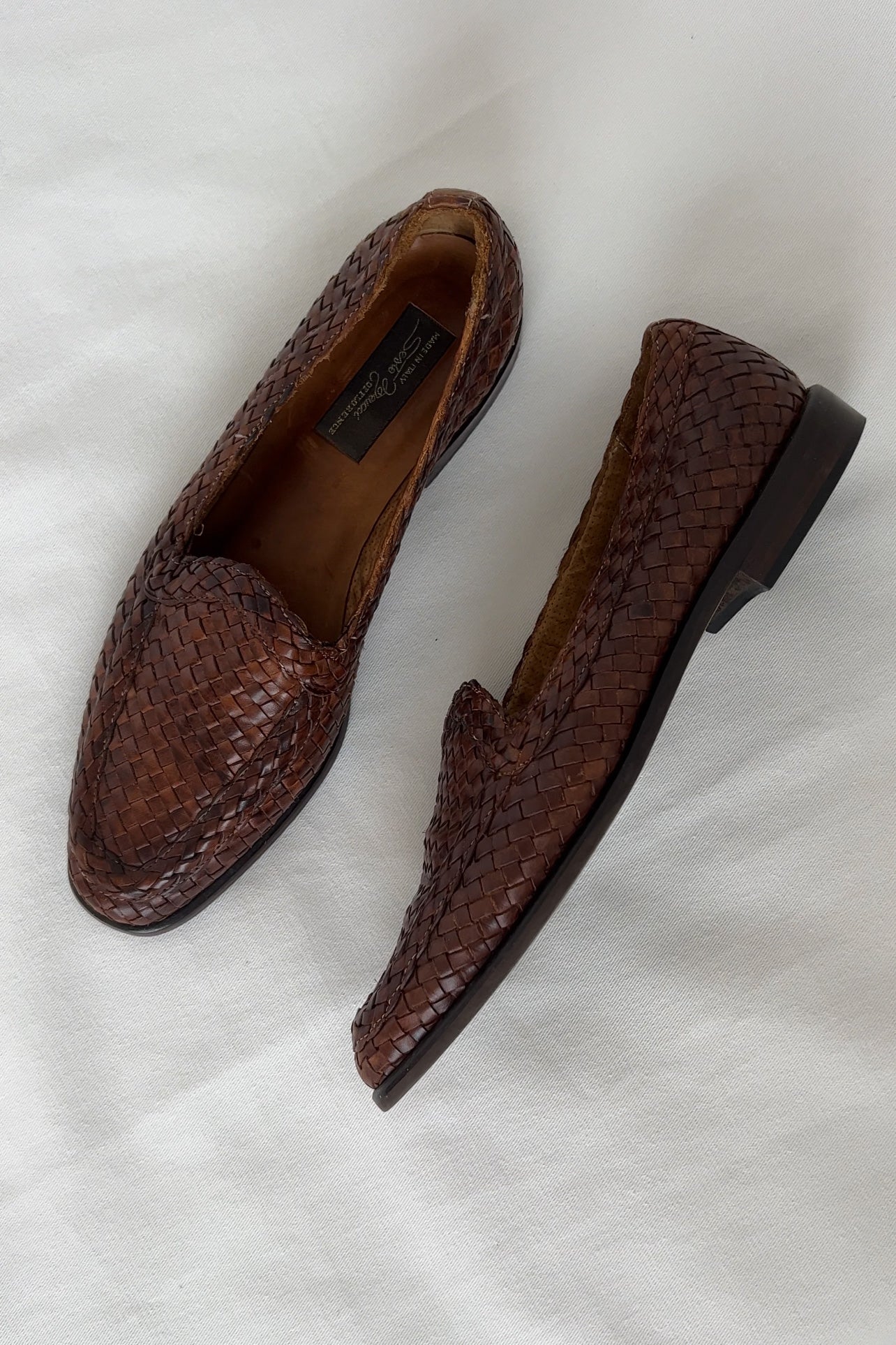 Vintage Italian Pécan Woven Leather Loafers, 8N