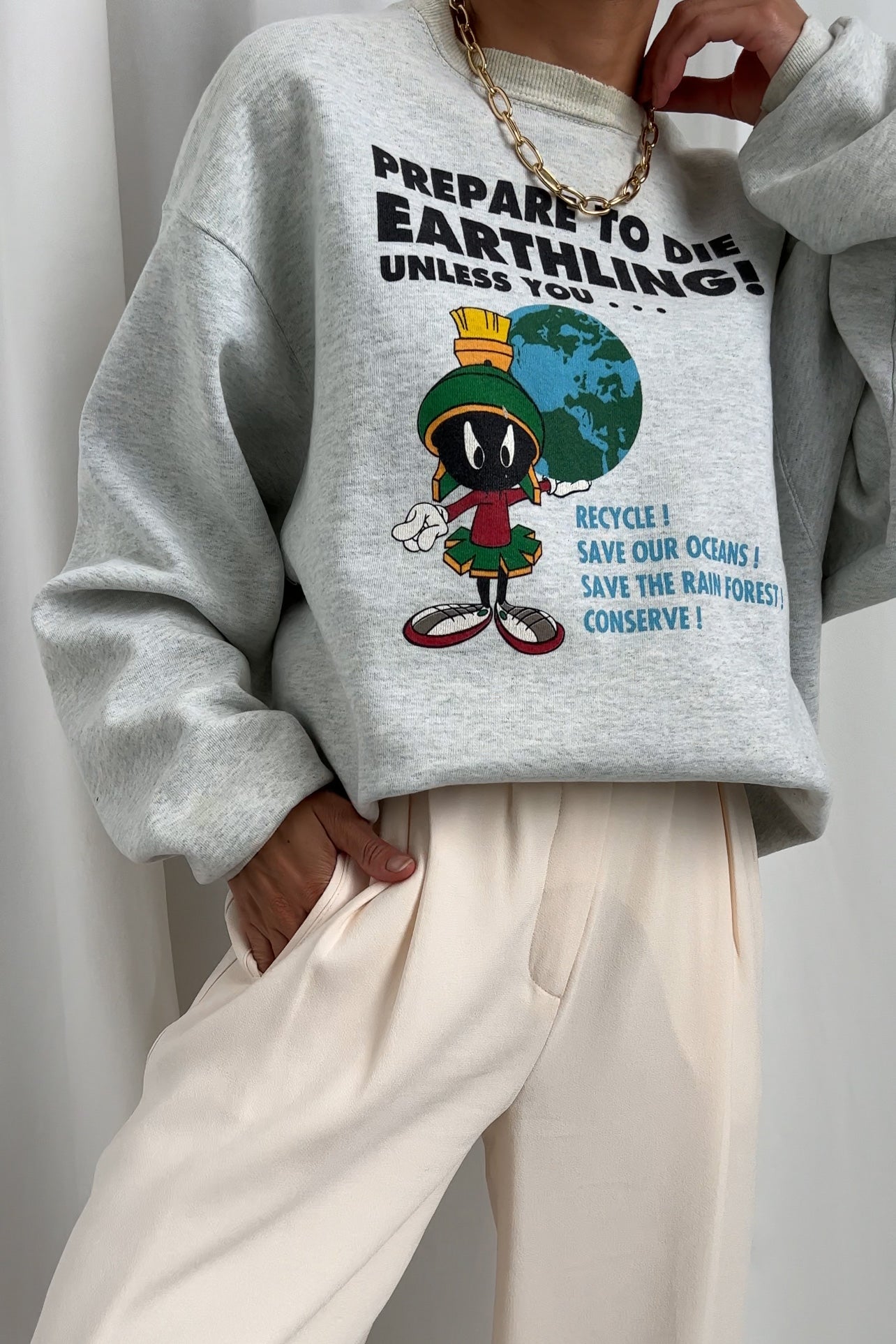 Vintage 90s Printed Heather Gray Cotton Pullover