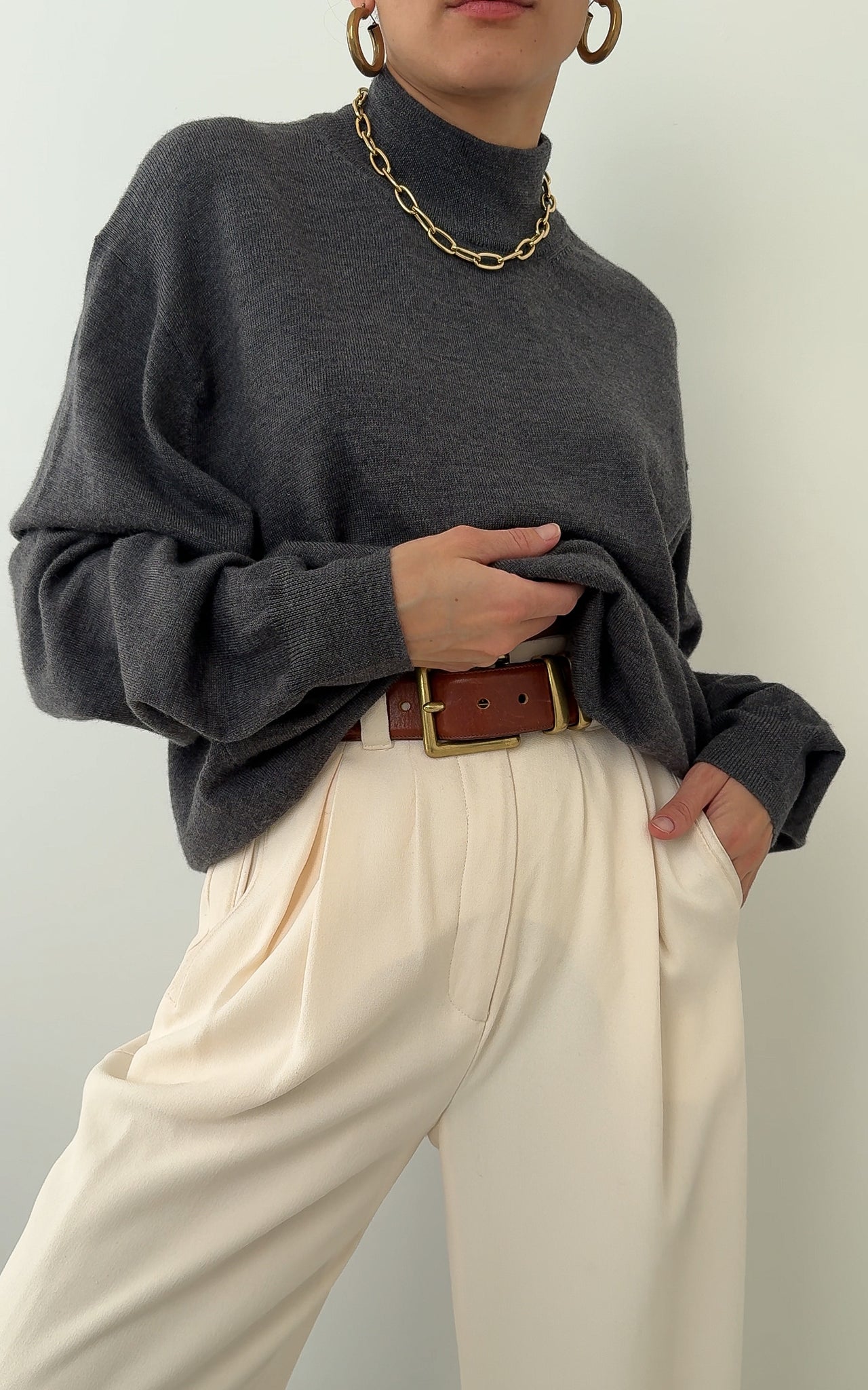 Vintage Unisex Graphite Merino Wool Mock Neck Sweater