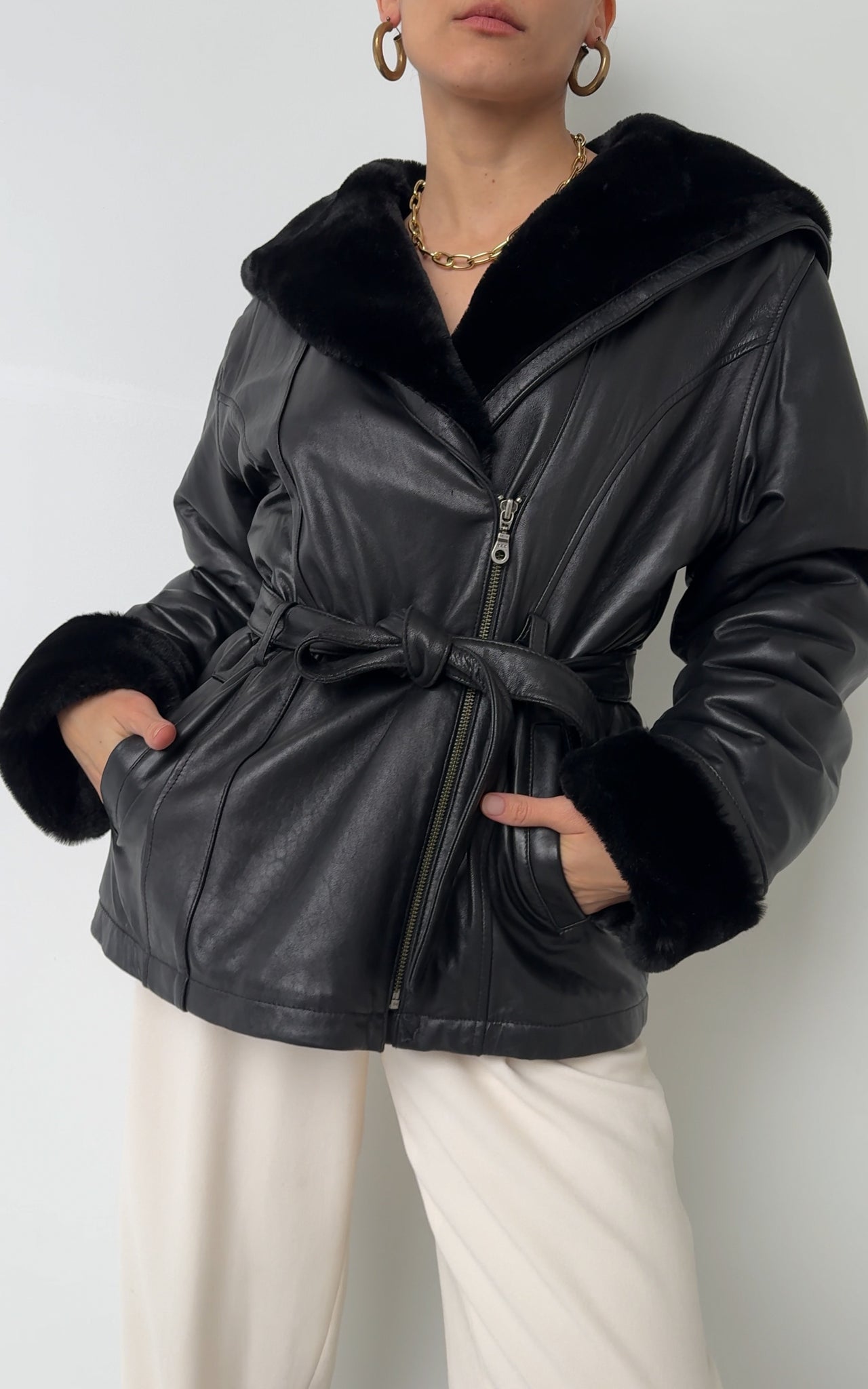 Vintage Obsidienne  Leather and Faux Fur Hooded Jacket