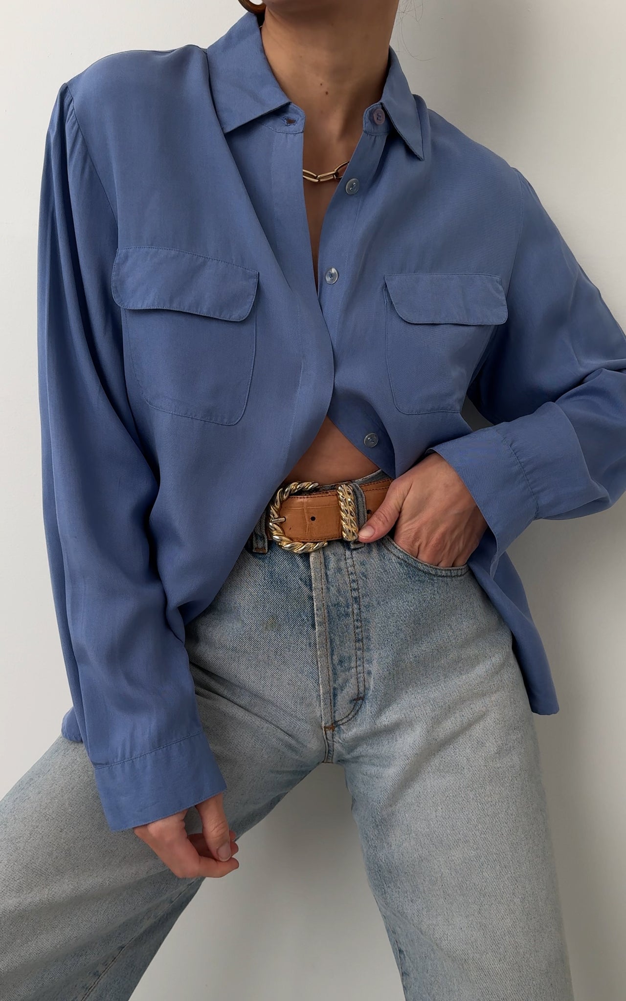 Vintage Bleue Silk Long Sleeve Blouse