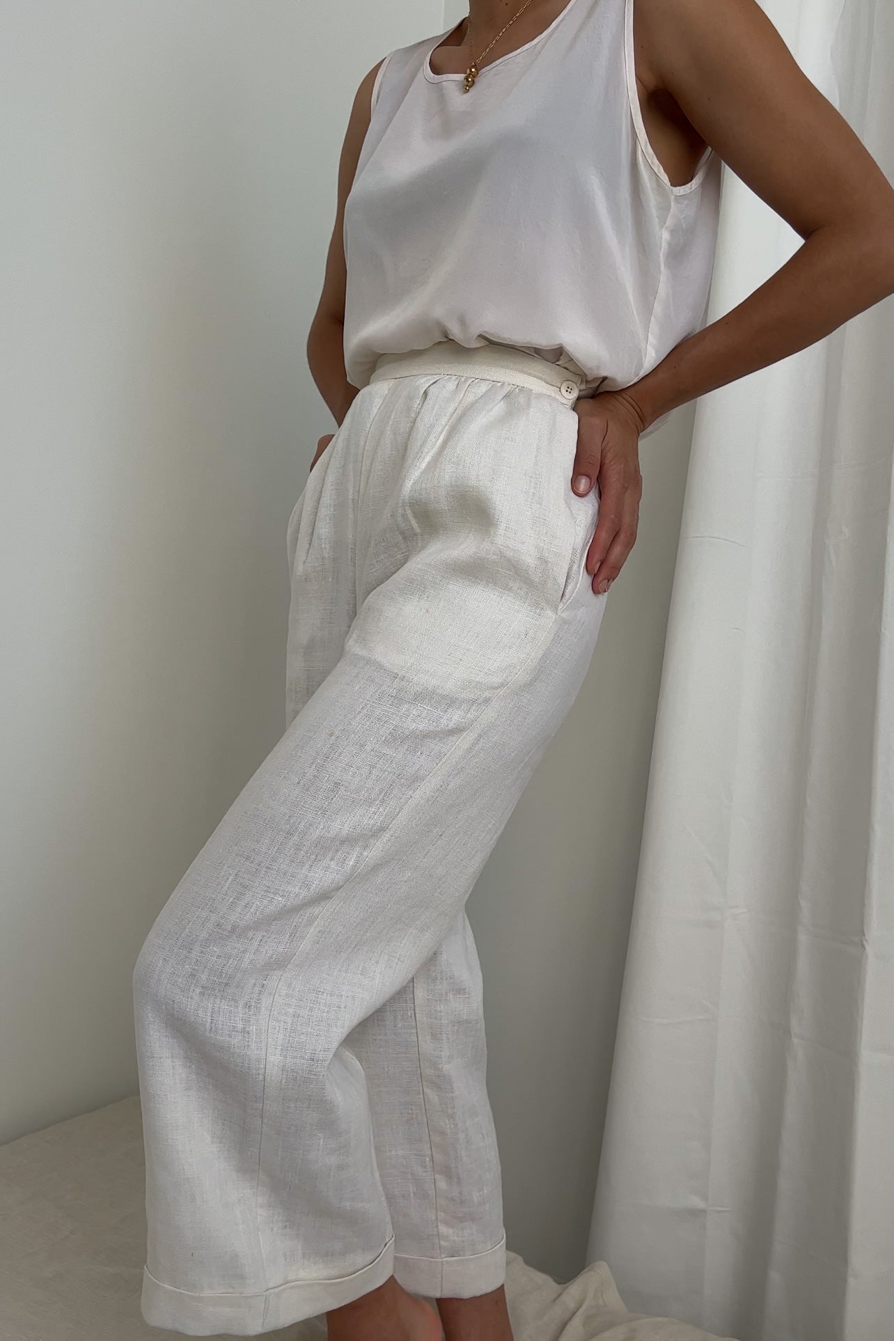 Vintage Ivoire Linen High Waisted and Cuffed Trousers
