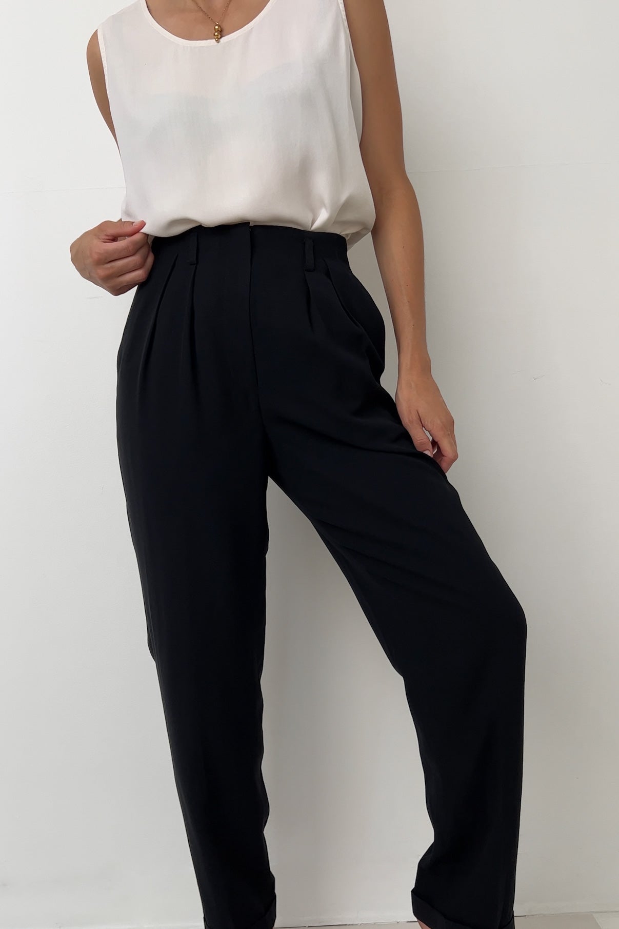 Vintage Charbon Wool Blend High Waisted Cuffed Trousers