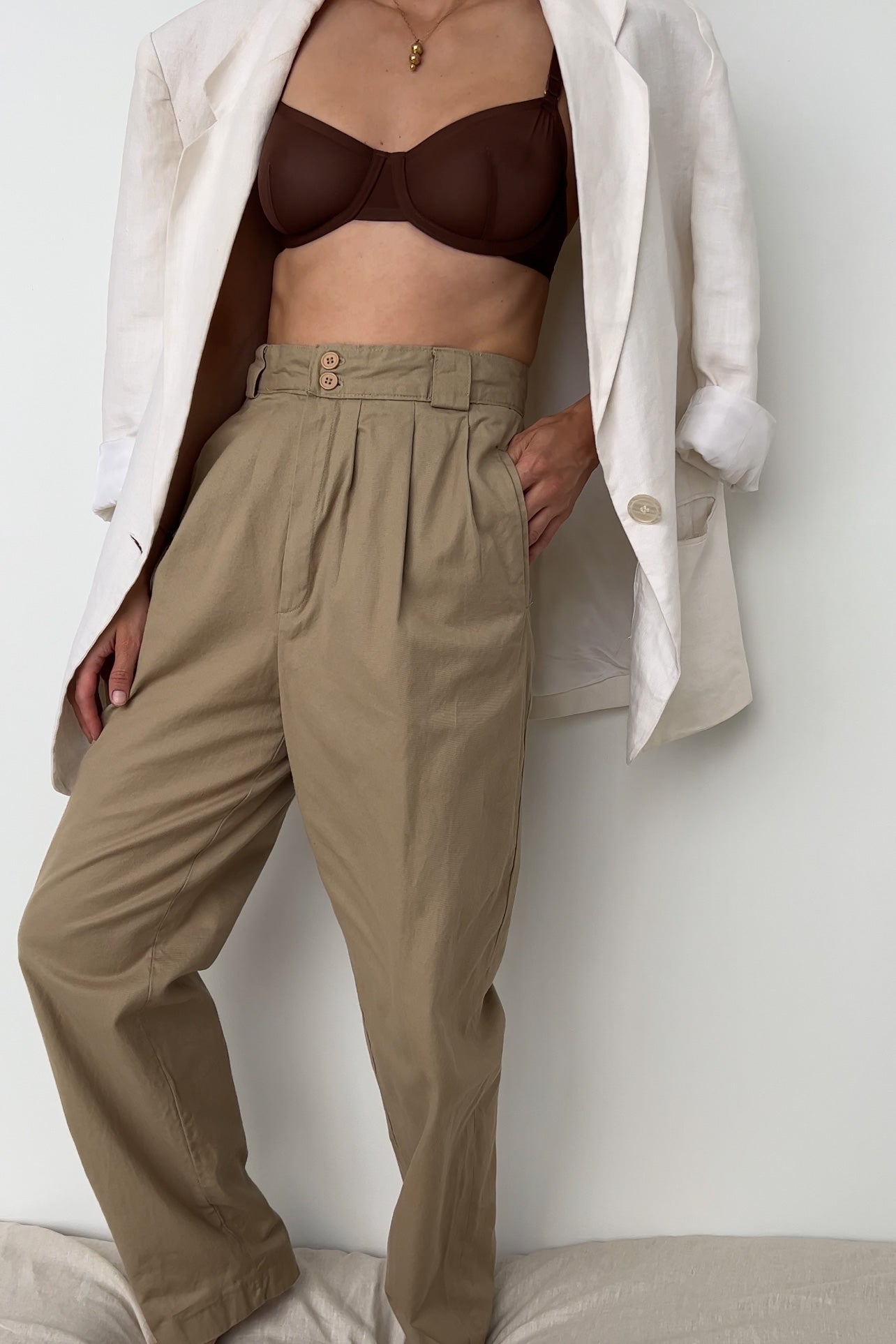 Vintage Kaki Cotton High-Waisted Trousers