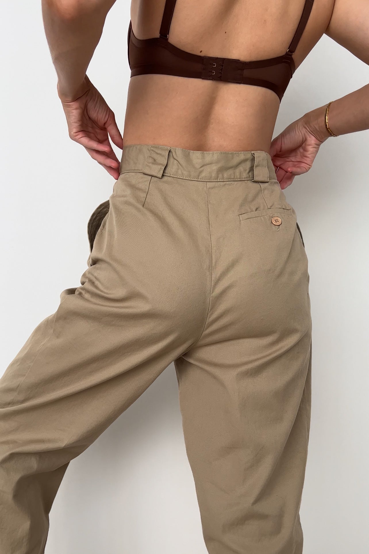 Vintage Kaki Cotton High-Waisted Trousers