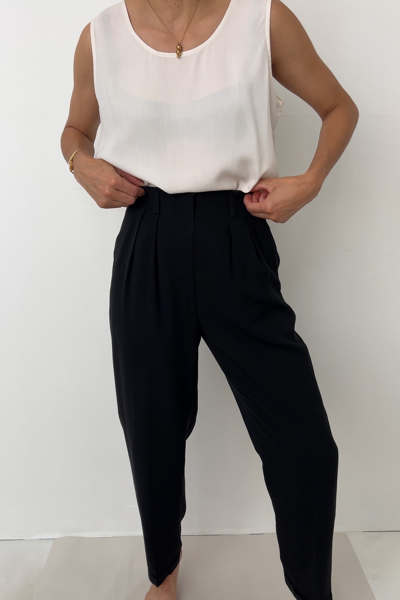 Vintage Charbon Wool Blend High Waisted Cuffed Trousers