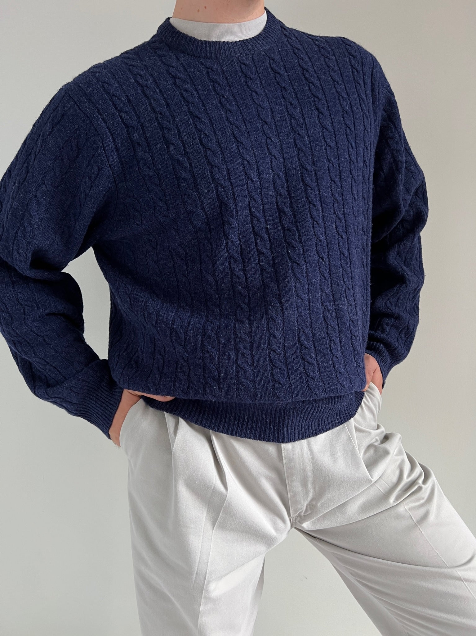 Vintage Oxford Blue Lambswool Cable Knit Pullover