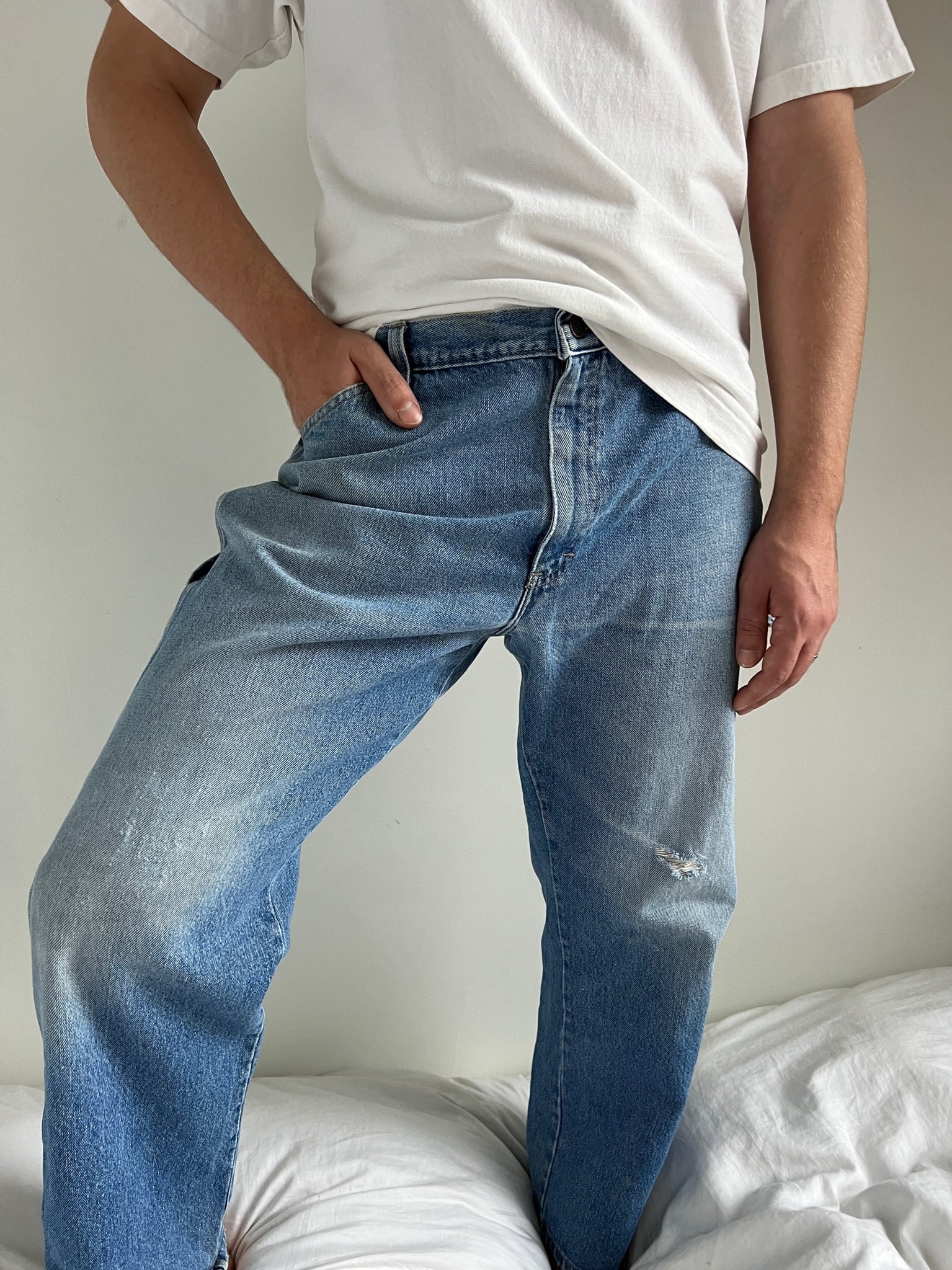 Vintage Faded Medium Wash Denim Carpenter Jeans
